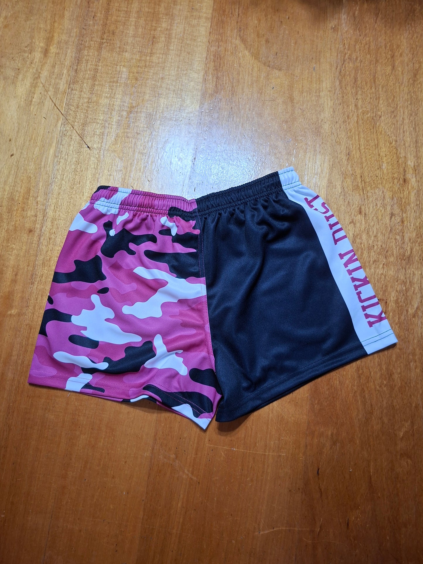 footy shorts kids camo pink kickin dust