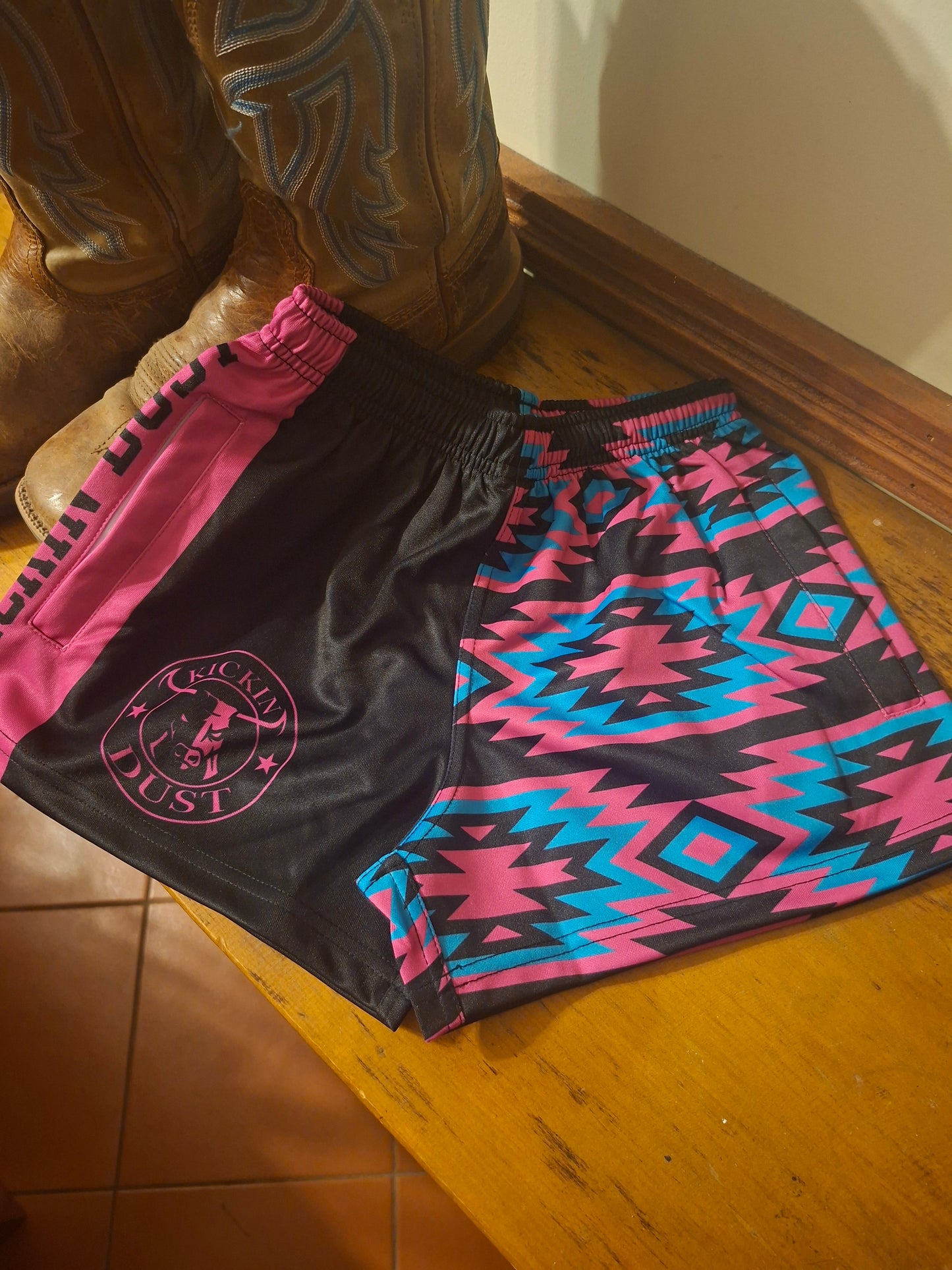 kids footy shorts pink aztec