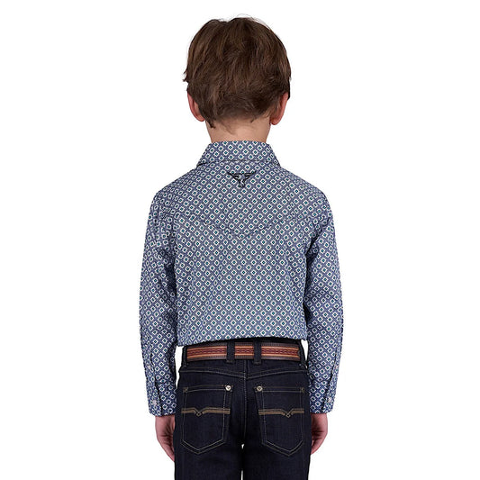 Pure Western Boy's Mark Print Western Shirt - Navy/Teal
